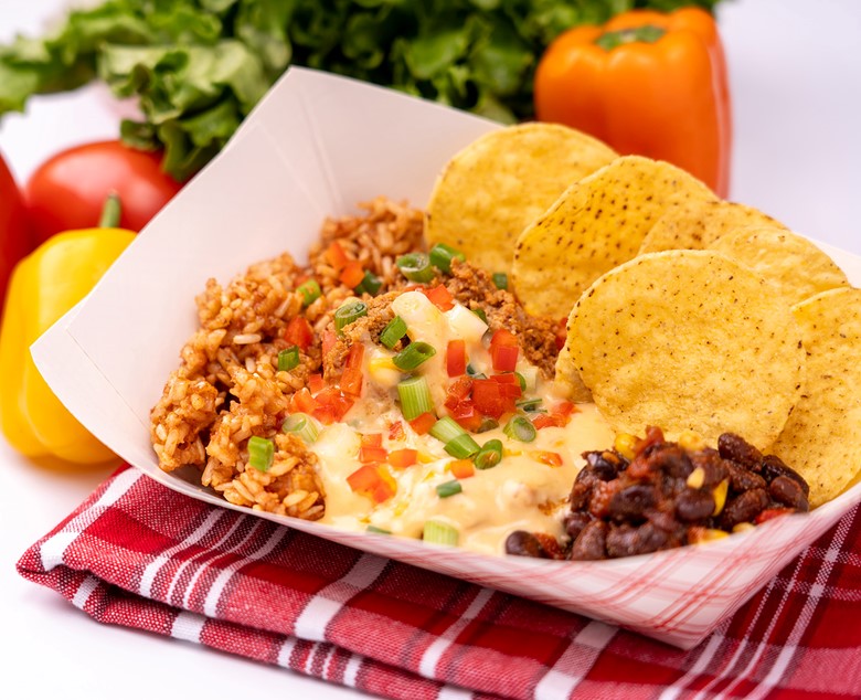 Taco Queso Bowl with Spanish Rice and Black Bean and Corn Salsa